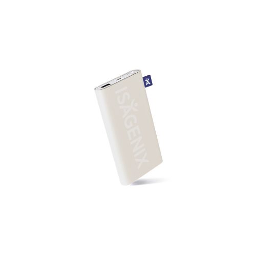 Cream colored power bank with total logo and navy woven fabric tag