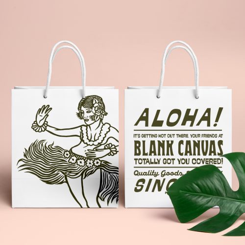 Front and back image of a Black Canvas Summer Themed shopping bag on a pick background with a leaf