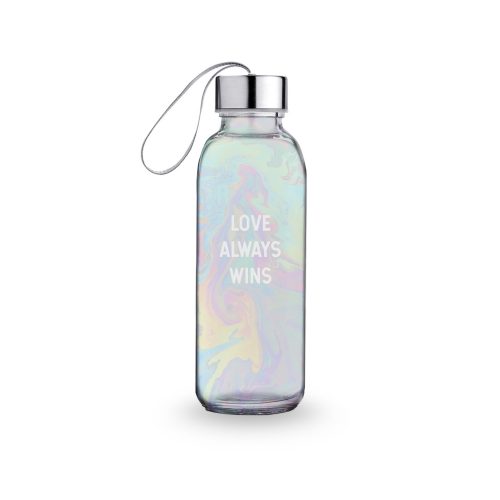 Love Always wins. Technicolor water bottle on a white background